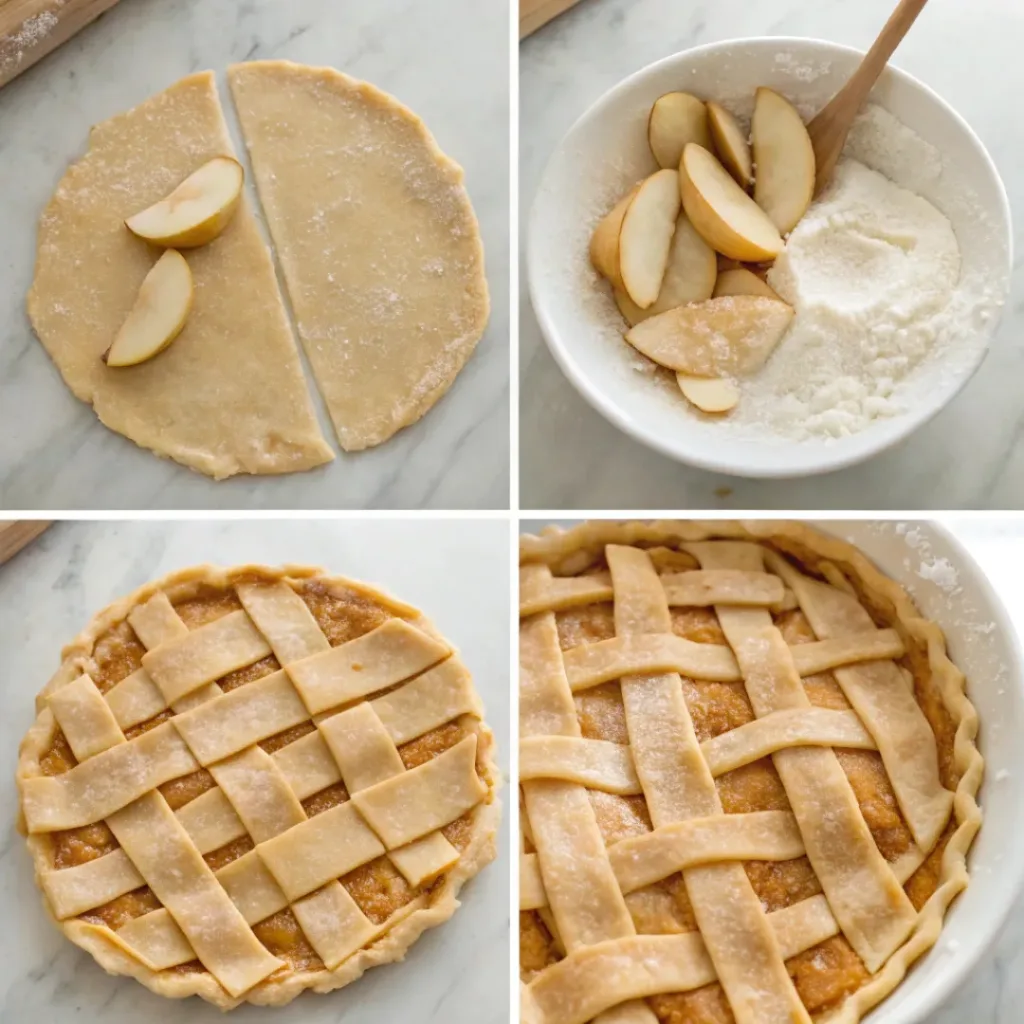 Step-by-step collage showing preparing the pie dough, mixing the pear filling, weaving the lattice crust, baking, and slicing ginger pear pie.
