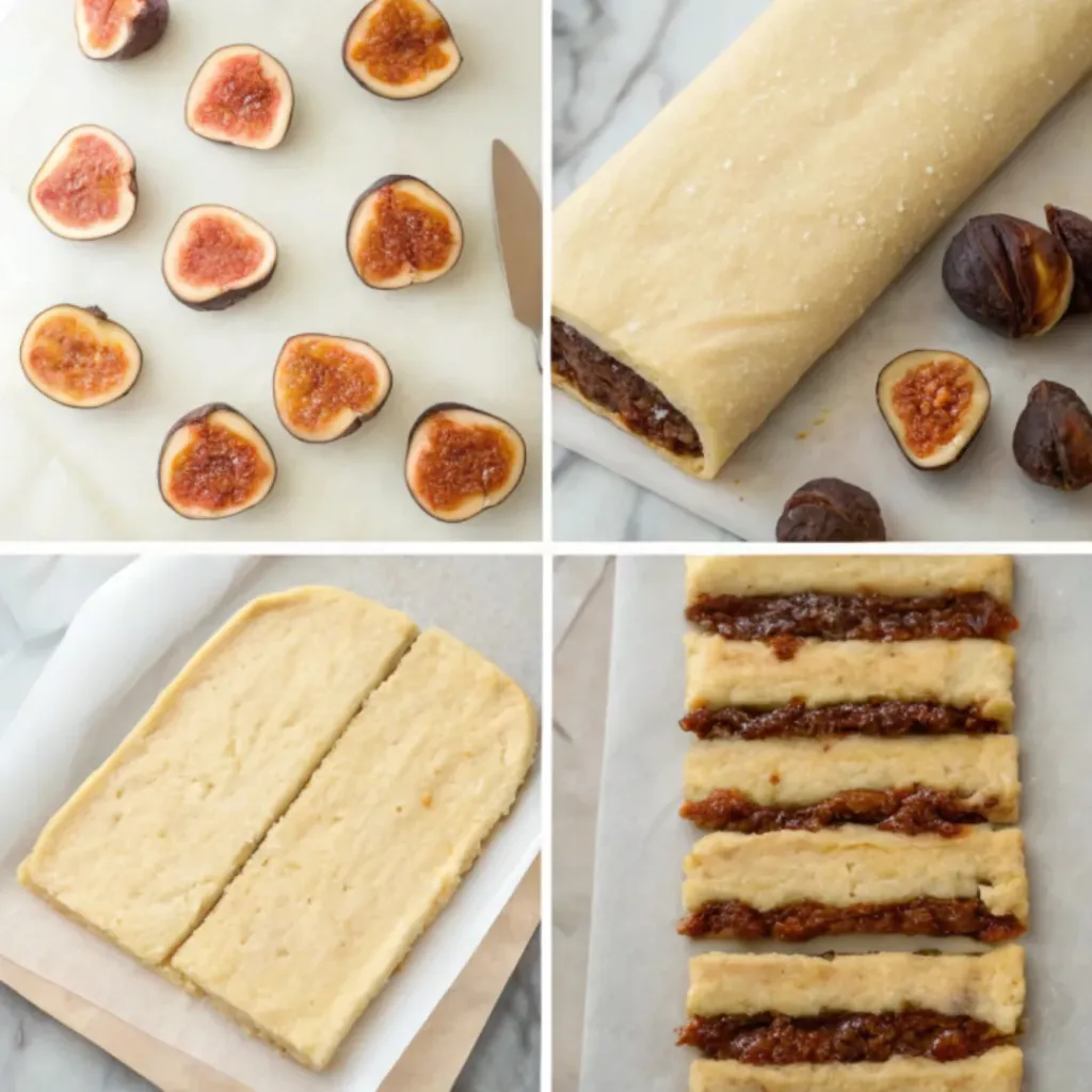 Homemade Fig Newtons - Soft, Chewy, and Perfectly Sweet Cookies 7 Step-by-step collage showing preparing the fig filling, rolling the dough, shaping, baking, and slicing homemade Fig Newtons.