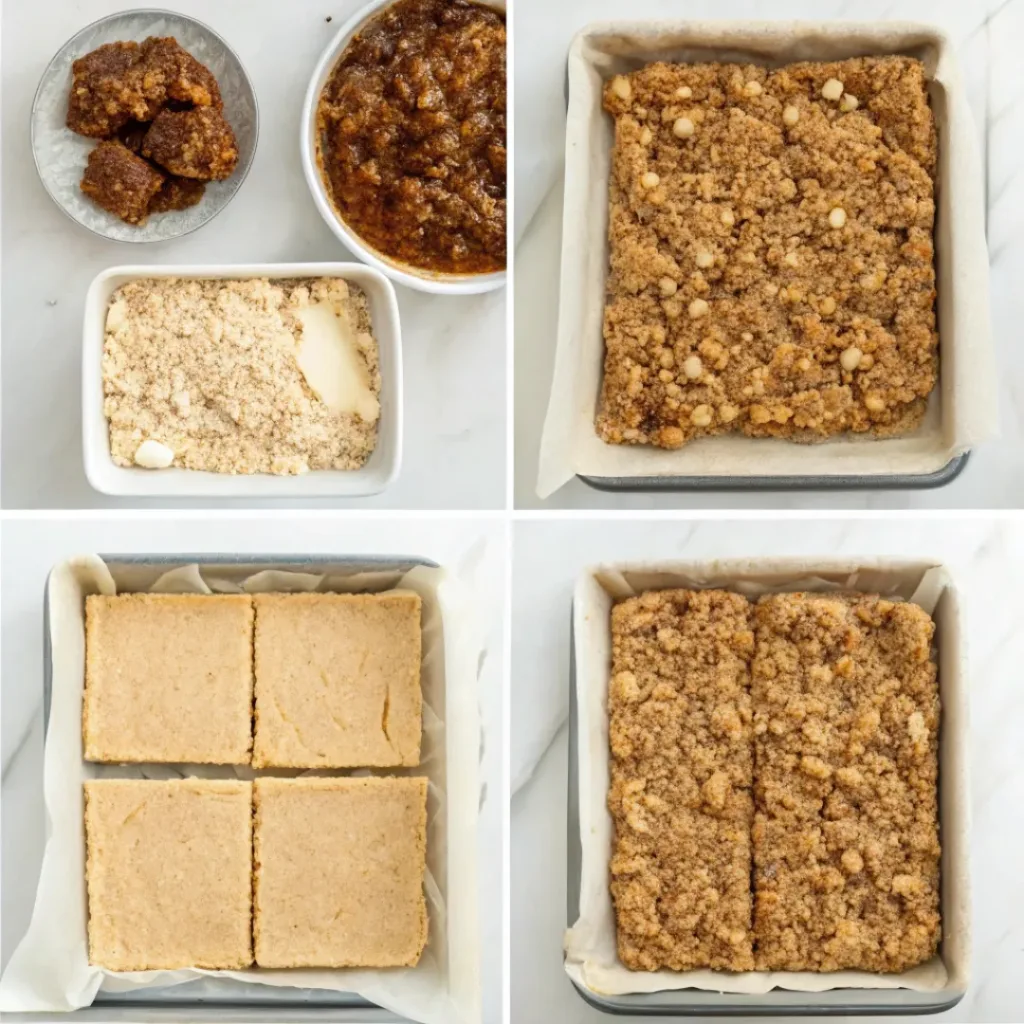 Homemade Oatmeal Fig Bars - Perfectly Chewy and Sweet Snack Bars 7 Step-by-step collage showing preparing the oat mixture, spreading the fig filling, adding the crumble topping, baking, and slicing oatmeal fig bars.