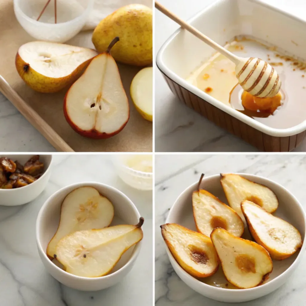 Step-by-step collage showing halving pears, preparing the honey glaze, baking, glazing, and serving honey baked pears.