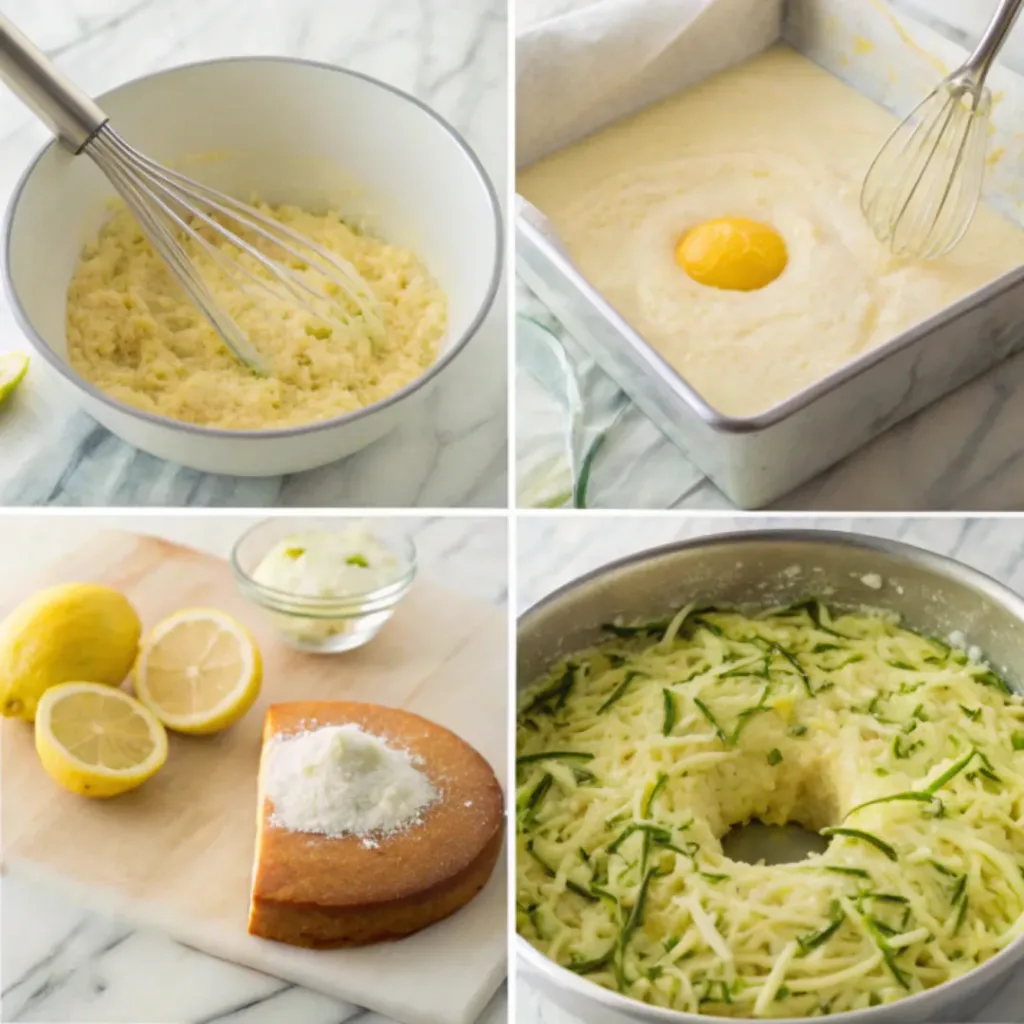 Lemon Zucchini Cake - Ultra Moist and Bright Summer Dessert 7 Step-by-step collage showing grating zucchini, mixing the batter, baking, glazing, and serving lemon zucchini cake.