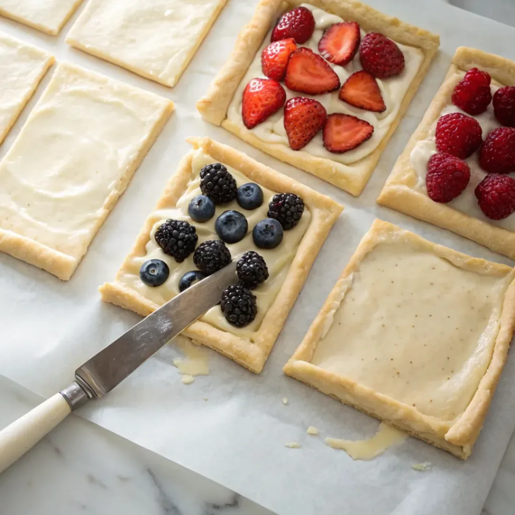 Step-by-step collage showing preparing puff pastry, adding cream filling, arranging berries, baking, glazing, and serving mixed berry puff pastry tarts.
