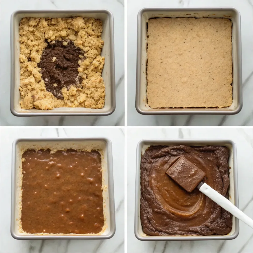 No-bake Chocolate Fig Bars - Decadently Rich and Easy Vegan Squares 7 Step-by-step collage showing preparing the crust, making the fig filling, adding the chocolate topping, chilling, and slicing no-bake chocolate fig bars.