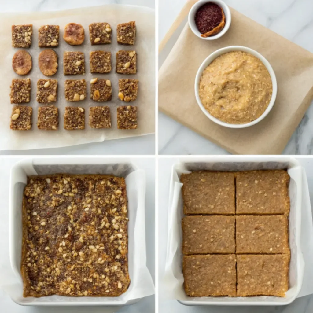 Step-by-step collage showing blending ingredients, mixing, pressing into a pan, chilling, and slicing no-bake fig energy bars.