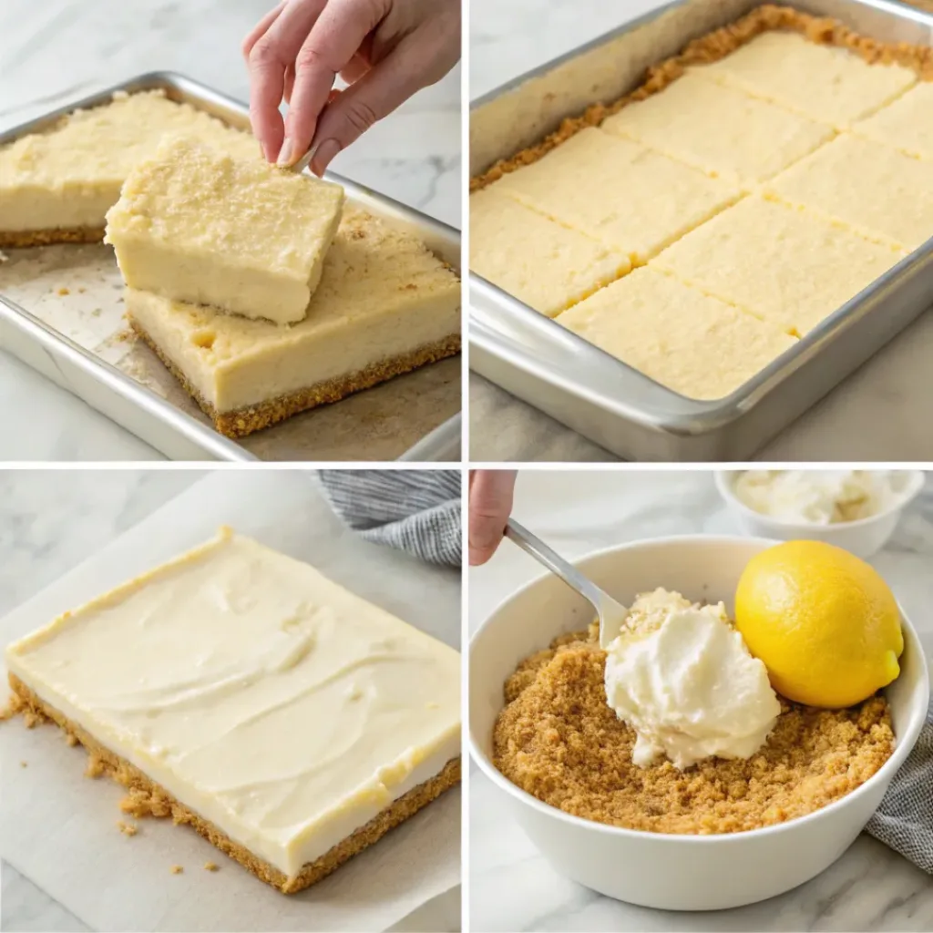 Step-by-step collage showing preparing the crust, mixing the lemon cheesecake filling, assembling, chilling, and slicing no-bake lemon cheesecake bars.