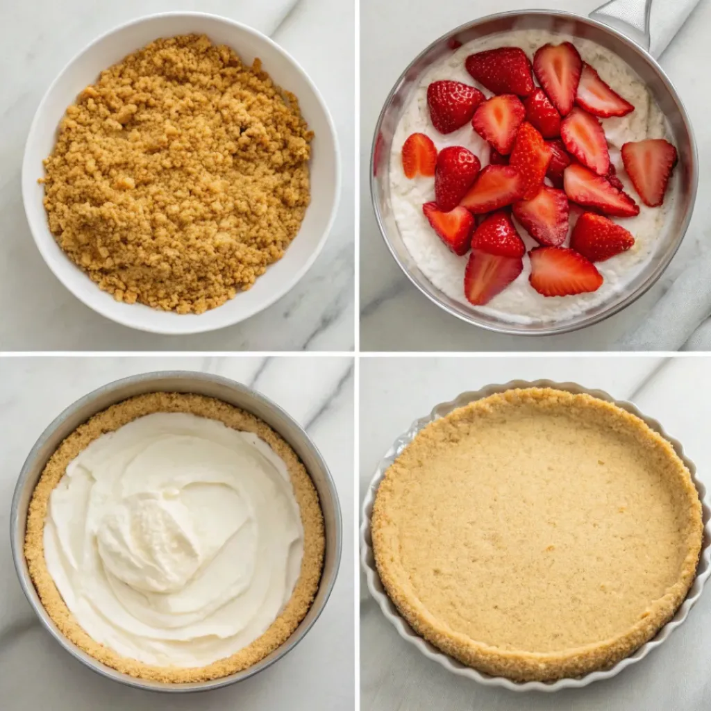 Step-by-step collage showing preparing the crust, mixing the filling, assembling, chilling, and topping a no-bake strawberry cheesecake.