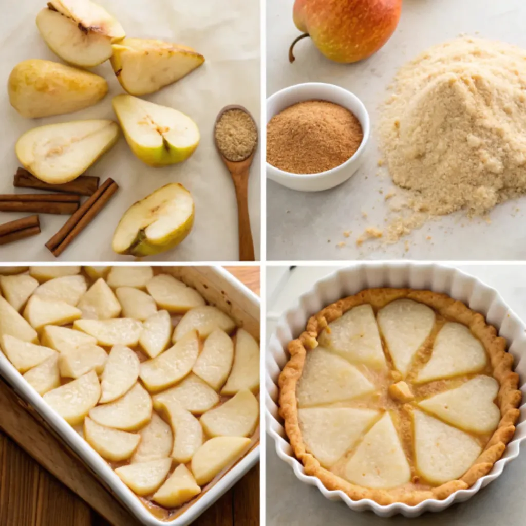 Pear Cobbler - Warm and Easy Old-Fashioned Autumn Dessert 7 Fresh pears, flour, butter, brown sugar, granulated sugar, cinnamon, nutmeg, baking powder, milk, vanilla, and salt arranged for making pear cobbler.