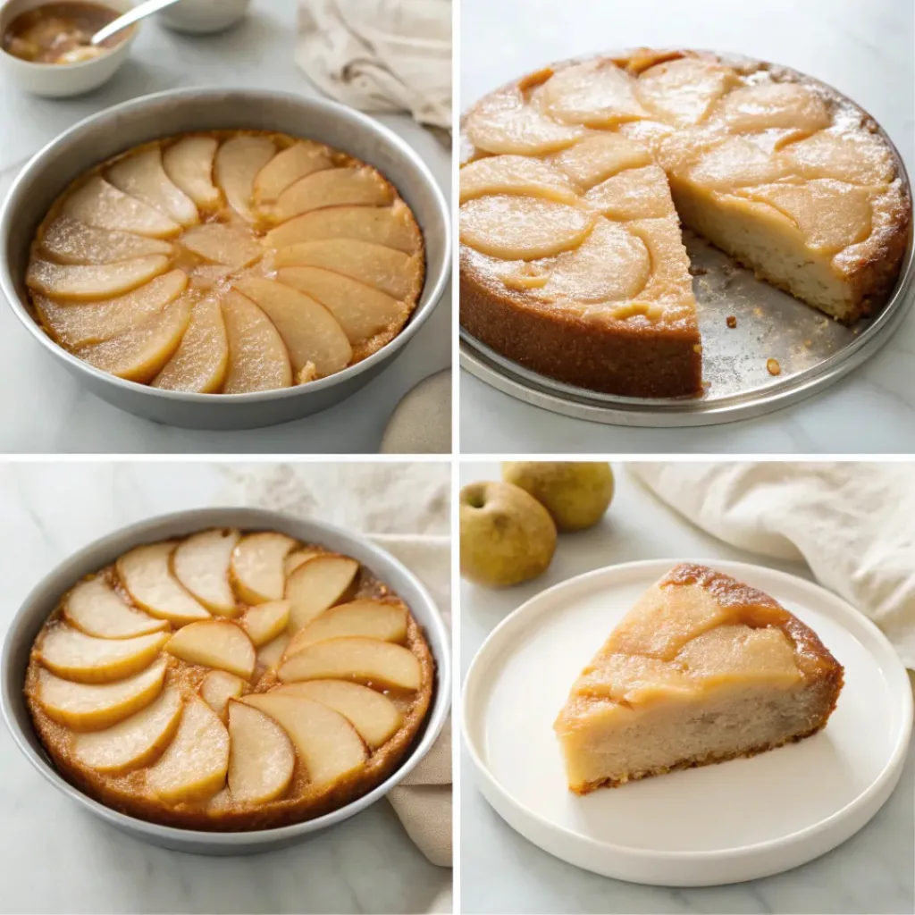 Pear Upside Down Cake - Beautifully Sweet and Golden Autumn Dessert 7 Step-by-step collage showing preparing the caramel, arranging pear slices, adding the batter, baking, flipping, and serving pear upside down cake.