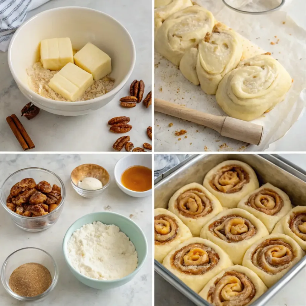 Pecan Sticky Buns - Gooey Caramel Holiday Bakery Breakfast Rolls 7 Step-by-step collage showing sticky bun dough, cinnamon filling, pecan topping, rolling, baking, and serving.