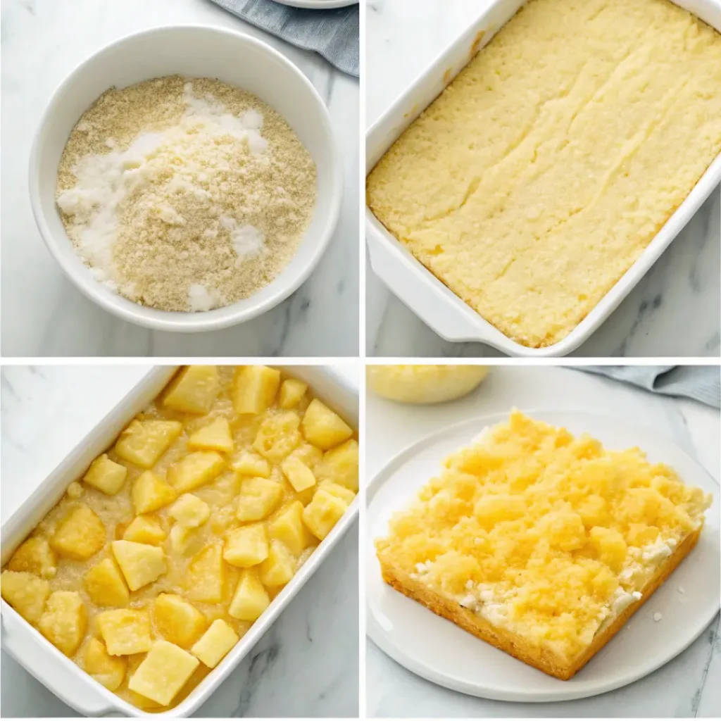 Step-by-step collage showing layering pineapple, adding cake mix, topping with butter, baking, and serving pineapple dump cake.