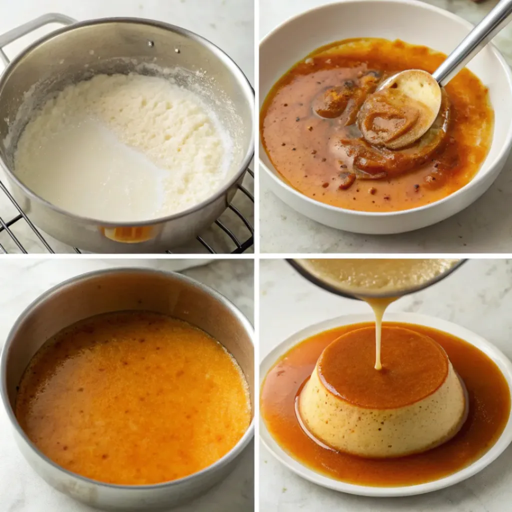 Silky Pumpkin Flan - Creamy Caramel Autumn Bakery Custard 7 Step-by-step collage showing caramel, pumpkin custard, baking, chilling, and unmolding homemade pumpkin flan.
