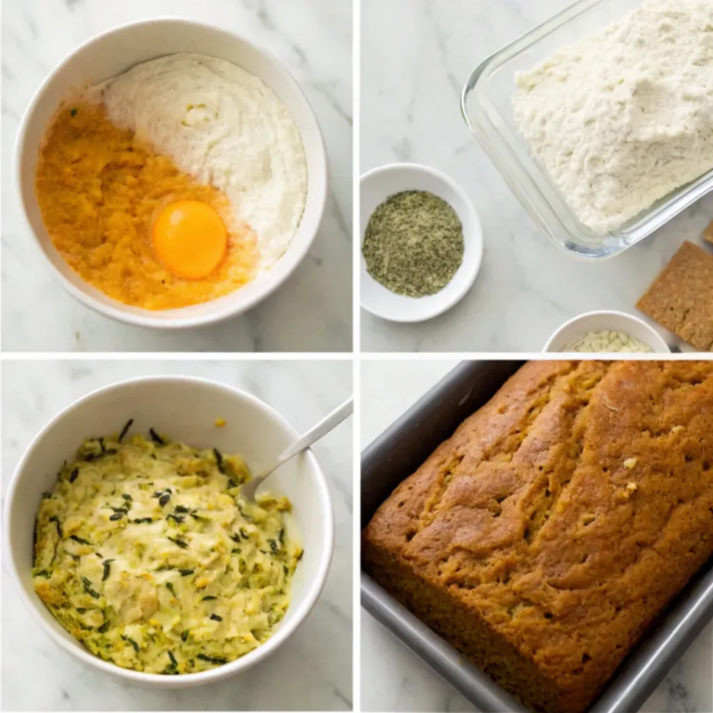 Pumpkin Zucchini Bread - Ultra Moist Autumn Quick Bread 7 Step-by-step collage showing grating zucchini, mixing pumpkin batter, filling the loaf pan, baking, cooling, and slicing pumpkin zucchini bread.