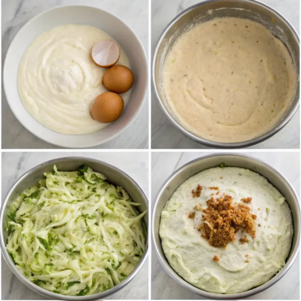 Step-by-step collage showing grating zucchini, mixing spiced batter, baking cake layers, frosting, and serving zucchini spice cake.