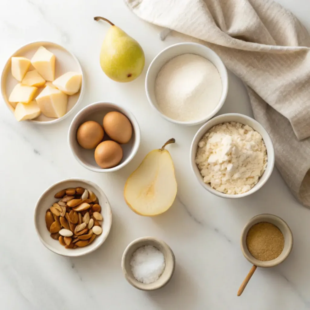 Almond French Pear Cake - Elegant and Easy Dessert 6 Fresh pears, almond flour, sliced almonds, flour, butter, eggs, sugar, vanilla, baking powder, and powdered sugar arranged for making almond French pear cake.