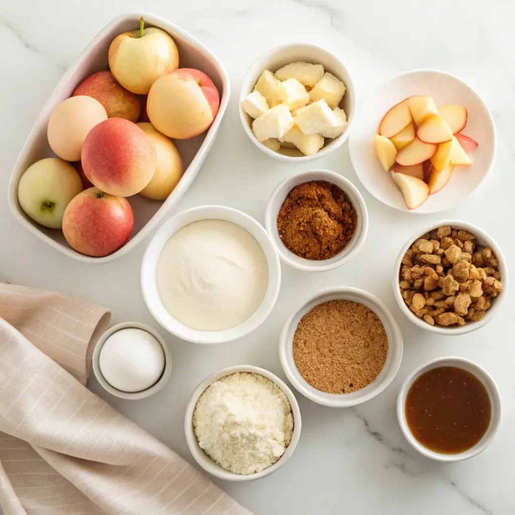 Fresh apples, cream cheese, graham crackers, butter, sugar, eggs, sour cream, cinnamon, vanilla, caramel sauce, and powdered sugar arranged for making apple cheesecake.