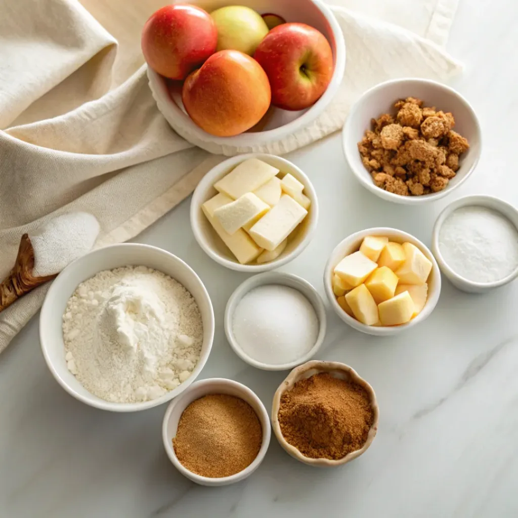 Fresh apples, flour, butter, brown sugar, granulated sugar, cinnamon, nutmeg, baking powder, milk, vanilla, and salt arranged for making apple cobbler.