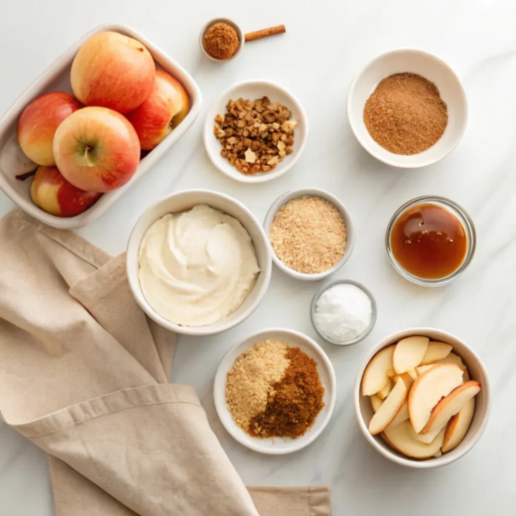 Apples, graham crackers, cream cheese, whipped topping, butter, brown sugar, cinnamon, vanilla, powdered sugar, and pecans arranged for making Apple Delight dessert.