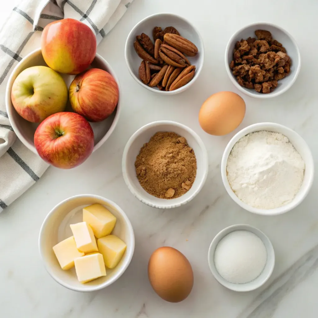 Apple Spice Cake - Moist and Easy Autumn Dessert 6 Fresh apples, flour, butter, eggs, brown sugar, cinnamon, nutmeg, cloves, cream cheese, powdered sugar, vanilla, and baking powder arranged for making apple spice cake.