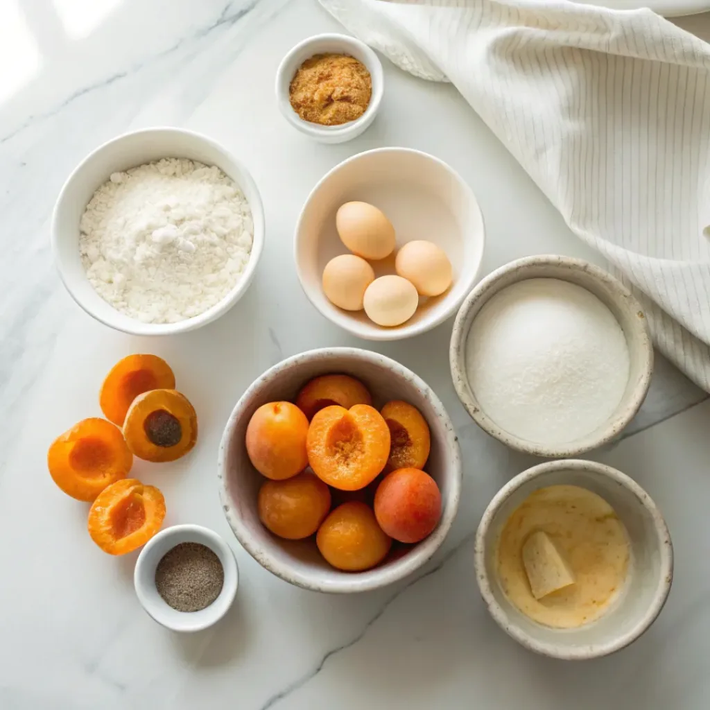 Apricot Upside-Down Cake - Beautifully Moist Summer Dessert 6 Fresh ingredients arranged for making apricot upside-down cake including apricots, flour, butter, eggs, sugar, baking powder, vanilla, milk, and salt.