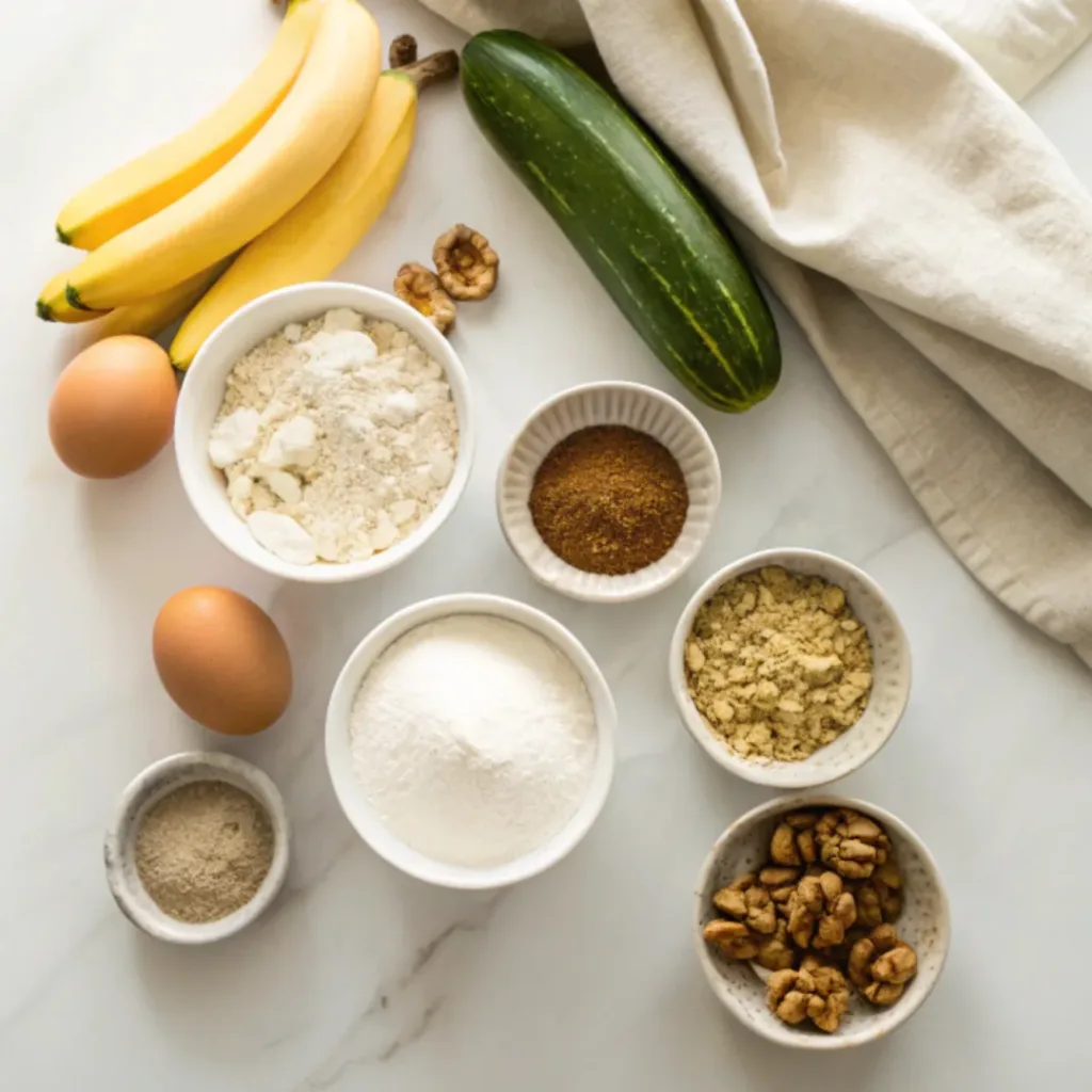 Ripe bananas, grated zucchini, flour, eggs, butter, brown sugar, vanilla, cinnamon, baking powder, walnuts, and salt arranged for making banana zucchini muffins.