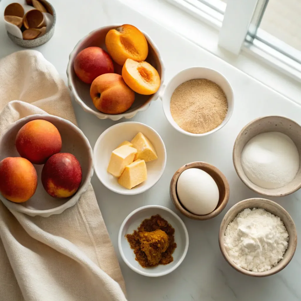 Brown Sugar Peach Cake - Moist and Ready Fast 6 Fresh peaches, brown sugar, flour, butter, eggs, milk, vanilla, baking powder, cinnamon, and ingredients for brown sugar icing arranged on a countertop.