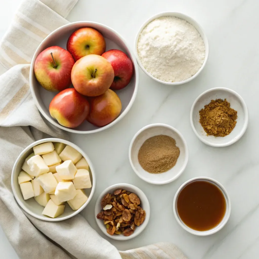 Caramel Apple Bars - Easy Chewy Oat Layer Dessert 5 Fresh apples, flour, butter, brown sugar, granulated sugar, cinnamon, caramel sauce, vanilla, oats, and salt arranged for making caramel apple bars.