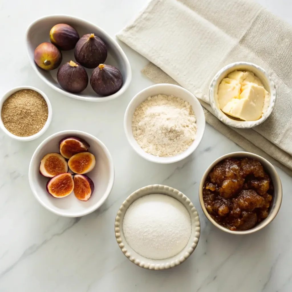 Caramelized Fig Upside down Cake - Beautifully Sweet Autumn Masterpiece 6 Fresh figs, flour, butter, brown sugar, eggs, milk, vanilla, baking powder, and salt arranged for making caramelized fig upside-down cake.