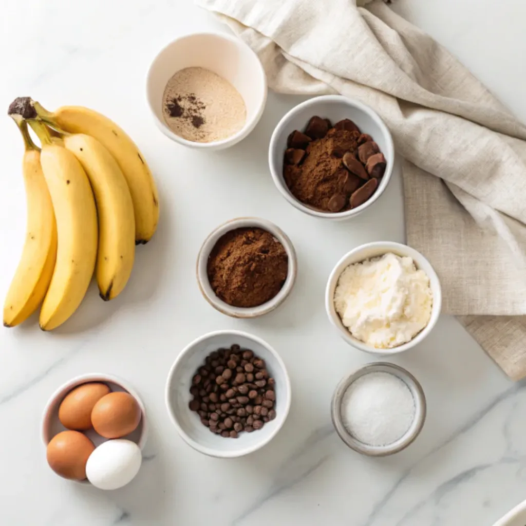 Ripe bananas, cocoa powder, flour, butter, eggs, sugar, chocolate chips, vanilla, baking powder, powdered sugar, and butter arranged for making chocolate banana cupcakes.