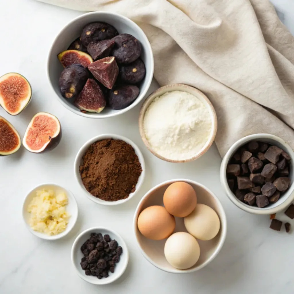 Chocolate fig brownies - Fudgy and Rich Gluten-Free Squares 6 Dark chocolate, cocoa powder, fresh figs, dried figs, butter, flour, eggs, sugar, vanilla, and chocolate chips arranged for making chocolate fig brownies.