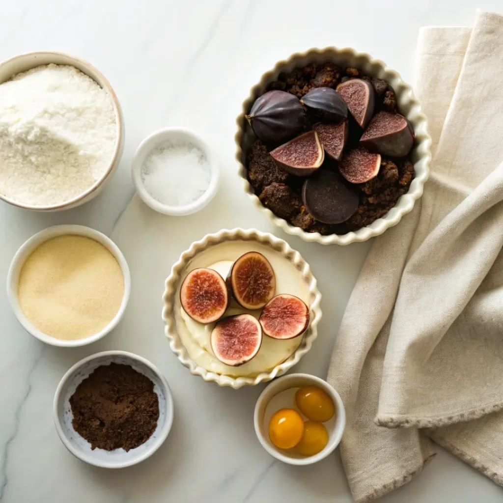 Chocolate Fig Tart - Elegant and Rich Dessert 6 Fresh figs, dark chocolate, heavy cream, flour, butter, sugar, cocoa powder, vanilla, and salt arranged for making a chocolate fig tart.