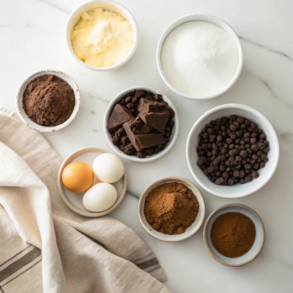 Chocolate Poke Cake - Extra Fudgy and Easy Summer Treat 6 Ingredients arranged for making chocolate poke cake including cocoa powder, flour, sugar, eggs, butter, milk, chocolate pudding, whipped topping, and chocolate shavings.