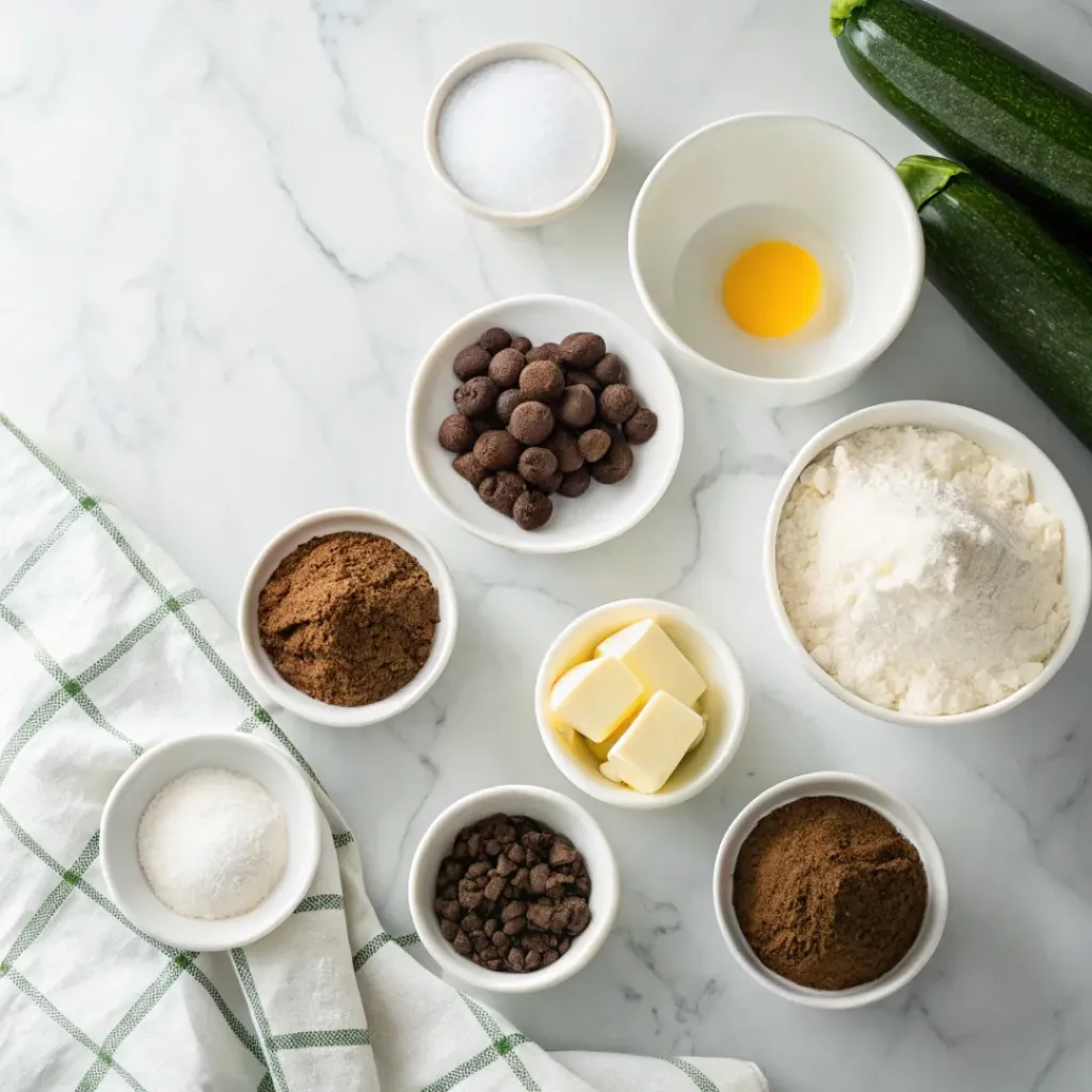 Grated zucchini, cocoa powder, flour, sugar, eggs, butter, chocolate chips, vanilla, baking soda, baking powder, and chocolate frosting ingredients arranged for making chocolate zucchini cake.