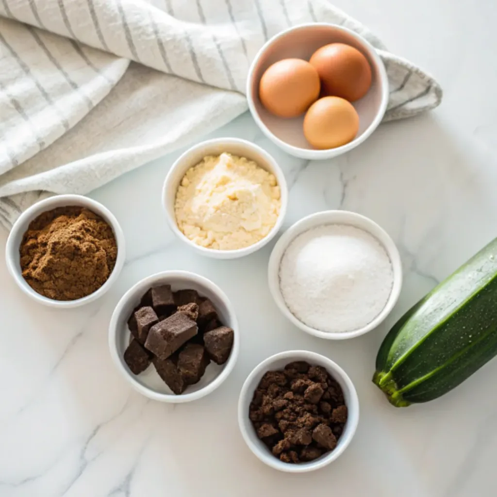 Chocolate Zucchini Muffins - Ultra Moist and Rich Cocoa Treats 6 Grated zucchini, cocoa powder, flour, chocolate chips, eggs, butter, brown sugar, vanilla, baking powder, and salt arranged for making chocolate zucchini muffins.
