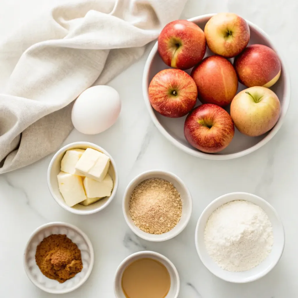 Cinnamon Sugar Apple Donuts - Crispy Easy Autumn Treat 6 Fresh apples, flour, butter, eggs, milk, sugar, cinnamon, baking powder, vanilla, and nutmeg arranged for making cinnamon sugar apple donuts.