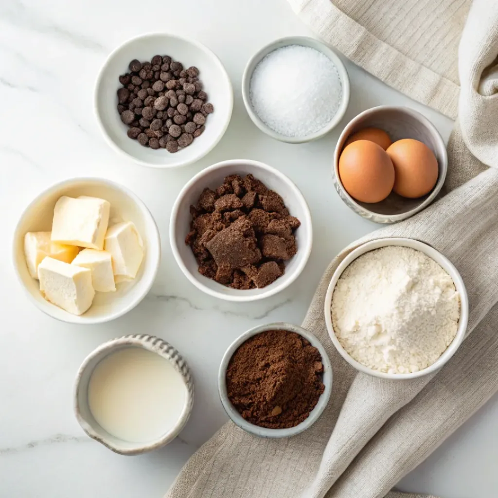 Cocoa powder, dark chocolate, chocolate chips, butter, eggs, sugar, flour, vanilla, and salt arranged for making double chocolate brownie bites.