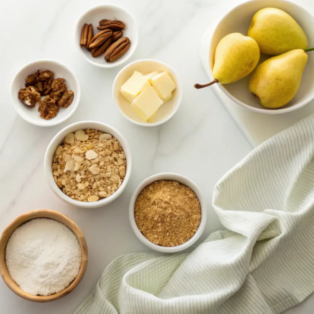 Easy Pear Crisp - Warm and Crispy Autumn Dessert 6 Fresh pears, rolled oats, flour, butter, brown sugar, cinnamon, nutmeg, vanilla, lemon juice, and salt arranged for making easy pear crisp.