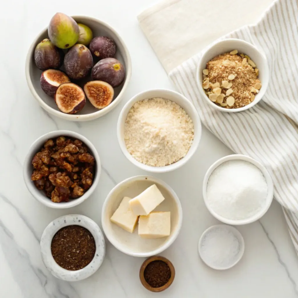 Fig Jam Bars - Perfectly Chewy and Sweet Fruit Squares 6 Fig jam, fresh figs, flour, butter, brown sugar, oats, vanilla, cinnamon, baking powder, and salt arranged for making fig jam bars.