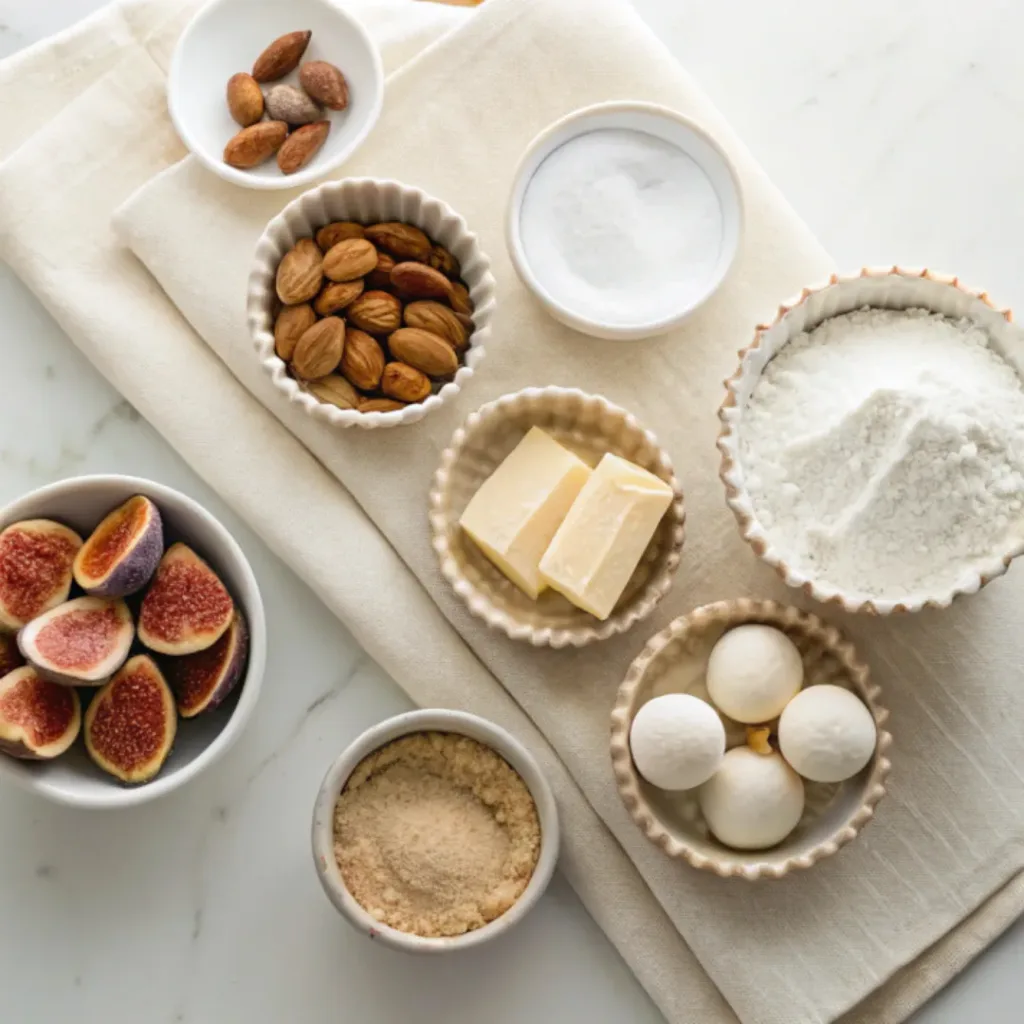Fresh figs, almond flour, sliced almonds, butter, flour, eggs, sugar, vanilla, apricot jam, and heavy cream arranged for making fig tart with almond cream.