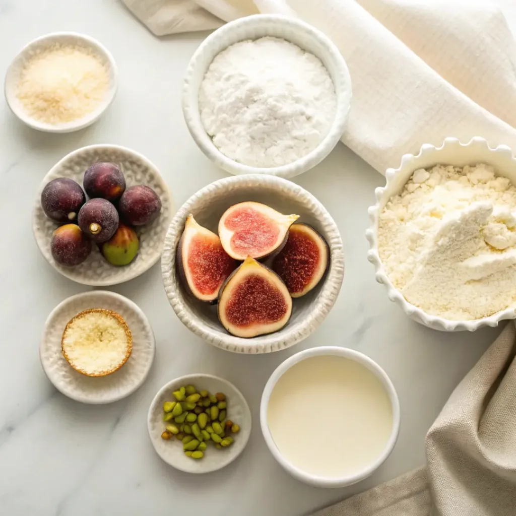 Fig Tartlets - Flaky and Creamy Individual Summer Pastries 6 Fresh figs, tart pastry, butter, flour, eggs, heavy cream, milk, sugar, vanilla, and pistachios arranged for making fig tartlets.