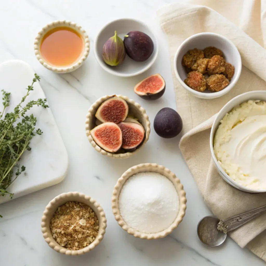Fig and Honey Cheesecake - Ultra Creamy and Elegant Summer Dessert 6 Fresh figs, cream cheese, honey, graham crackers, butter, sugar, eggs, vanilla, sour cream, and pistachios arranged for making fig and honey cheesecake.