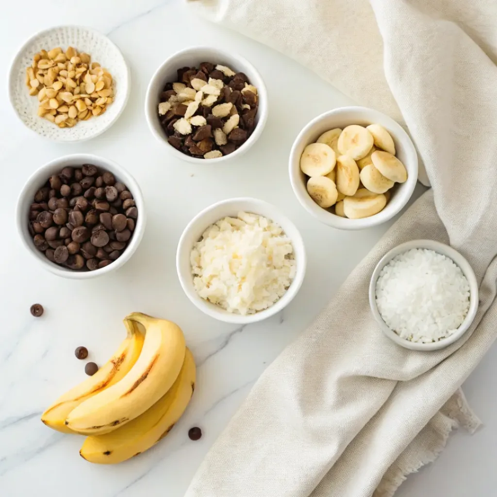 Bananas, dark chocolate, white chocolate, chopped nuts, shredded coconut, and colorful sprinkles arranged for making frozen banana bites.