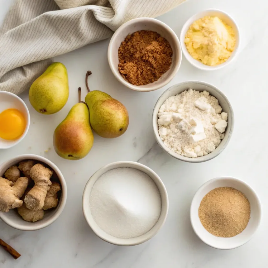 Fresh pears, ginger root, pie crust ingredients, butter, brown sugar, cinnamon, nutmeg, lemon, cornstarch, and vanilla arranged for making ginger pear pie.