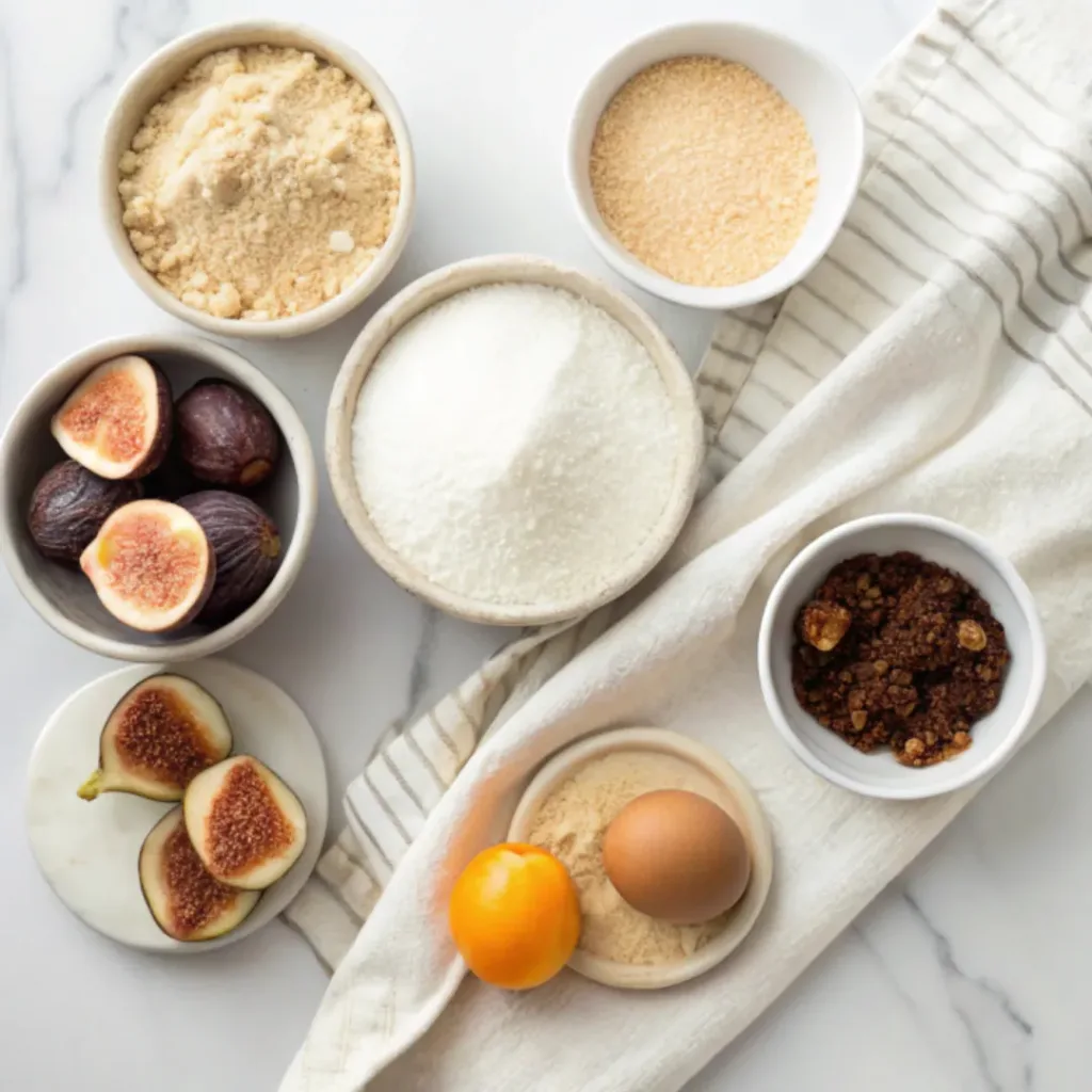 Homemade Fig Newtons - Soft, Chewy, and Perfectly Sweet Cookies 6 Fresh figs, dried figs, flour, butter, brown sugar, eggs, vanilla, cinnamon, baking powder, and salt arranged for making homemade Fig Newtons.