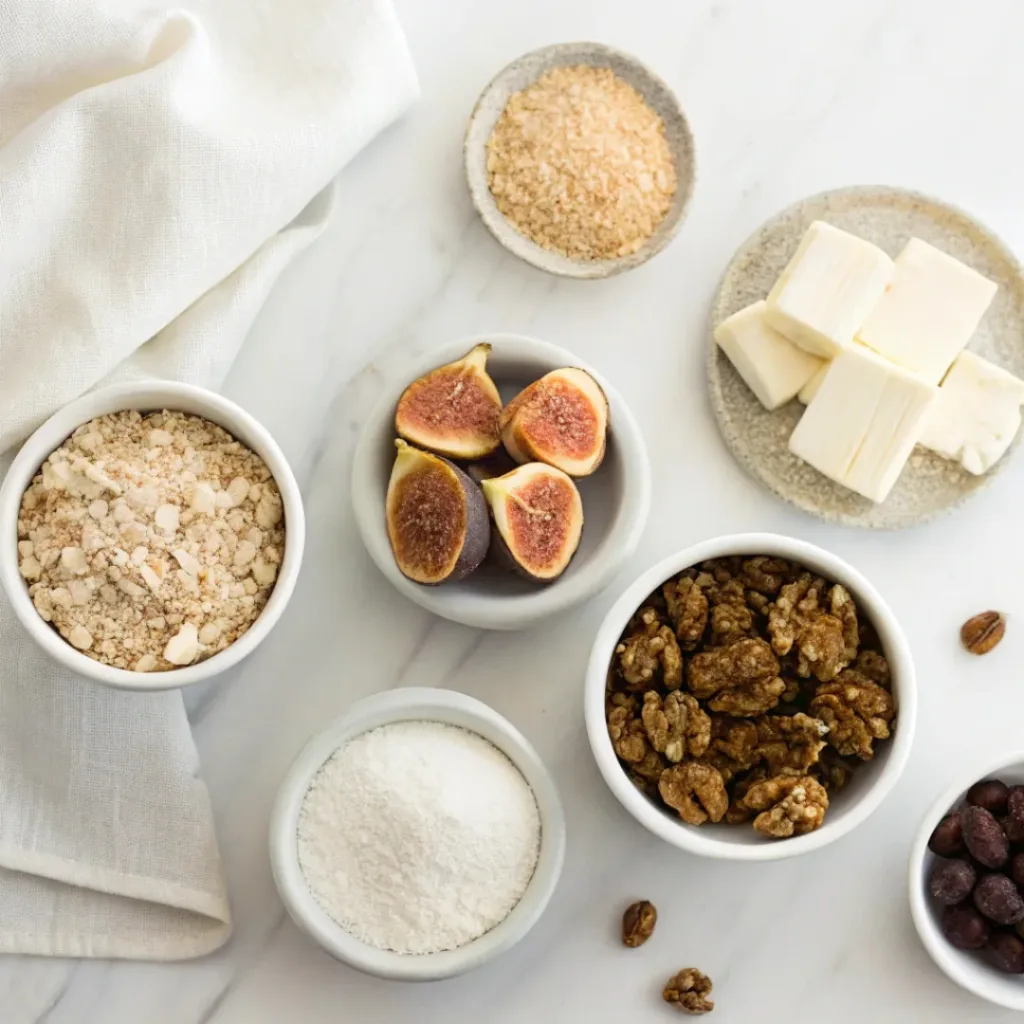 Homemade Oatmeal Fig Bars - Perfectly Chewy and Sweet Snack Bars 6 Rolled oats, fresh figs, fig preserves, flour, butter, brown sugar, cinnamon, vanilla, baking powder, and salt arranged for making homemade oatmeal fig bars.