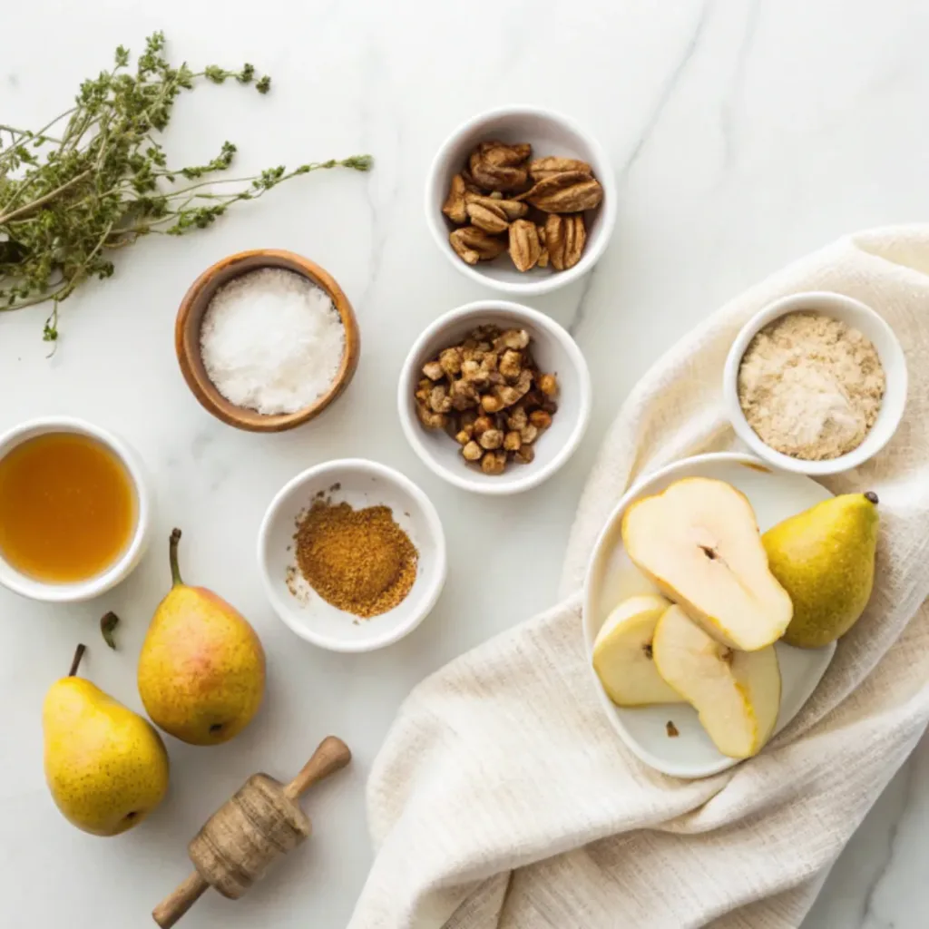 Fresh pears, honey, butter, cinnamon, vanilla, walnuts, lemon juice, and salt arranged for making honey baked pears.