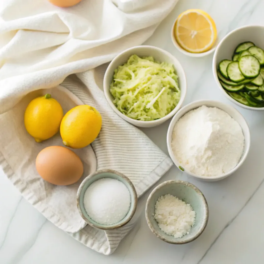 Lemon Zucchini Cake - Ultra Moist and Bright Summer Dessert 6 Fresh zucchini, lemons, flour, butter, eggs, sugar, yogurt, vanilla, baking powder, and powdered sugar arranged for making lemon zucchini cake.