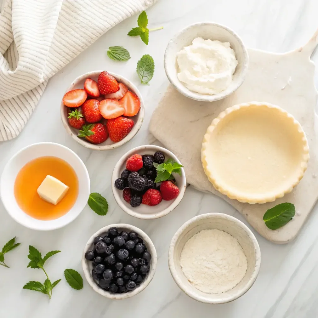 Puff pastry, strawberries, blueberries, raspberries, blackberries, cream cheese, vanilla, sugar, egg, and butter arranged for making mixed berry puff pastry tarts.