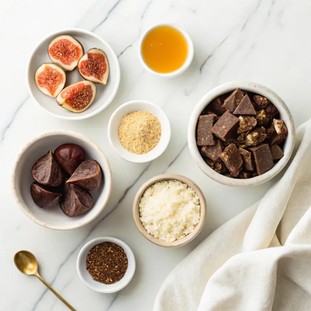 No-bake Chocolate Fig Bars - Decadently Rich and Easy Vegan Squares 6 Fresh figs, dark chocolate, rolled oats, cookies, butter, dates, cocoa powder, honey, vanilla, and pistachios arranged for making no-bake chocolate fig bars.