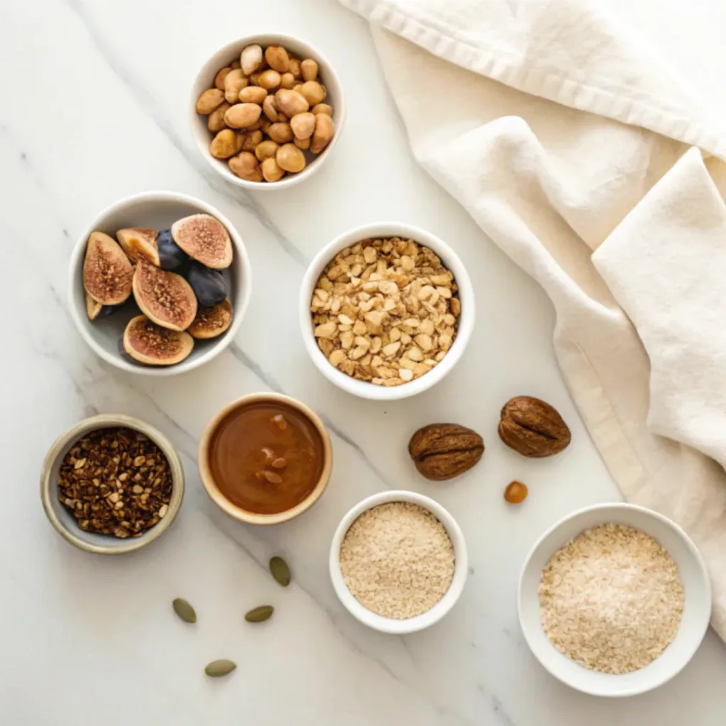 Dried figs, rolled oats, almonds, walnuts, pumpkin seeds, chia seeds, honey, peanut butter, vanilla, and cinnamon arranged for making no-bake fig energy bars.