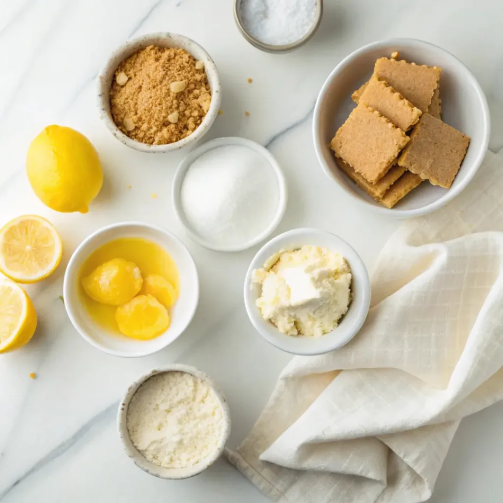 Cream cheese, graham cracker crumbs, butter, lemons, sugar, heavy cream, vanilla extract, and powdered sugar arranged for making no-bake lemon cheesecake bars.
